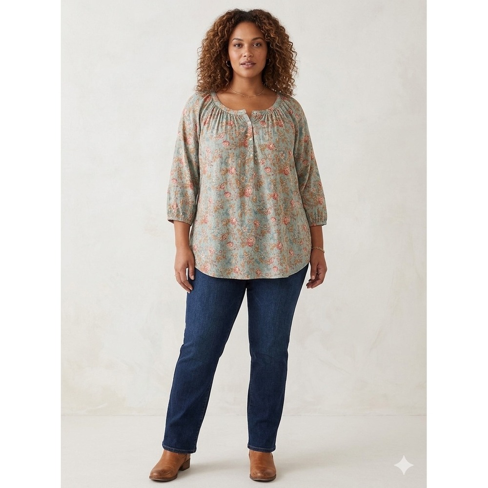 Chaps Green Floral Peasant Blouse 3/4 Sleeve Button Neck Top 2X
